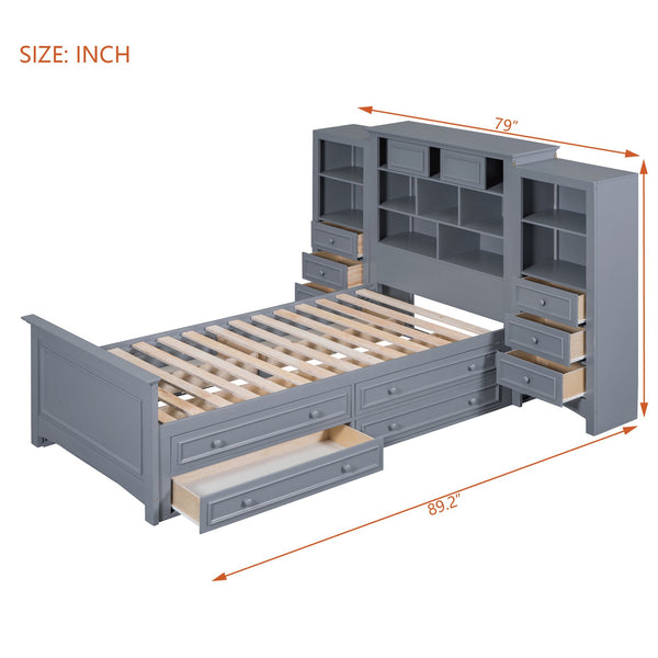 English Elm Twin Pine Wood Platform Bed with Integrated Cabinet and Spacious Drawer Storage System Gray LP000761AAE-1