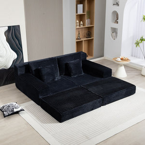 English Elm Double Cloud Plush Chaise Lounge Sofa Bed with Deep Seat, No Assembly, Ultra-Soft Corduroy Comfort Black W794S00004