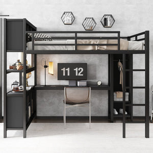 English Elm Metal Loft Bed With Wardrobe, L-Shaped Desk & Storage Cubes - Stylish Space-Saving Queen Solution W1580S00109