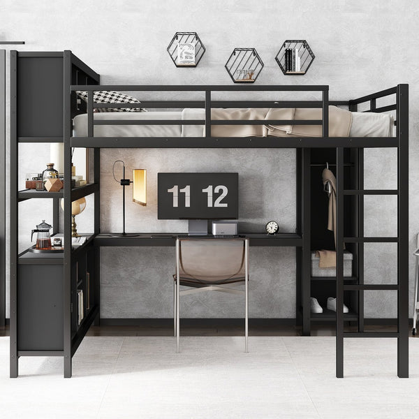 English Elm Metal Loft Bed With Wardrobe, L-Shaped Desk & Storage Cubes - Stylish Space-Saving Queen Solution W1580S00109