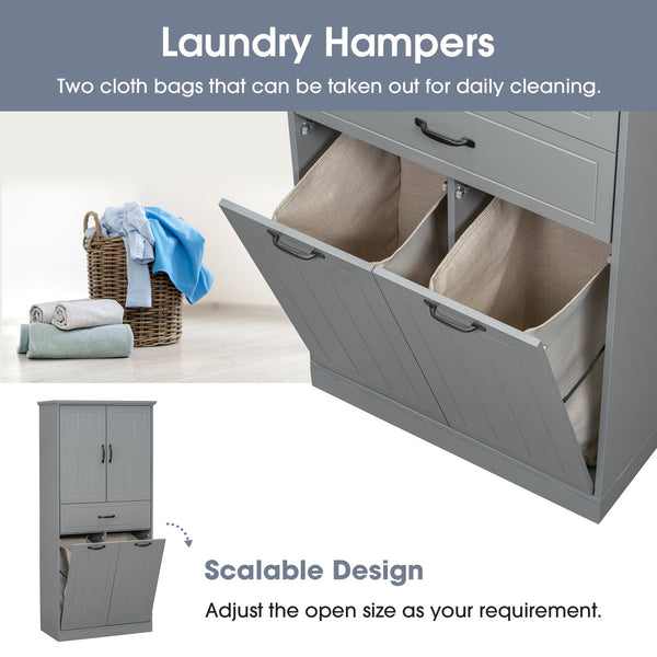 English Elm Christopher Knight Home® - Bathroom Storage Cabinet with Doors Drawer & Dual Laundry Baskets, MDF Build, Adjustable Shelf, Anti-Tip Device Grey N759P243350E