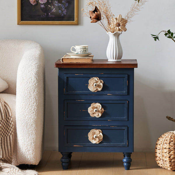 English Elm Vintage Farmhouse End Table with Floral Knobs 3-Drawer Rustic Nightstand Solid Wood Accents Antique Blue,Walnut W3306P318868