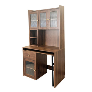 English Elm Computer Desk with Glass Doors, Hutch & Drawer Storage, Rotating 90° Desktop and Spacious Work Surface Walnut W331S00195