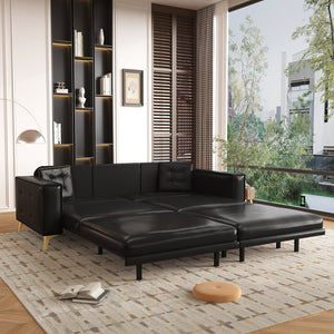 English Elm 92.1"king Faux Leather Convertible Sleeper Sofa Tufted 4 Seat Pull Out Living Room Couch Black W1885S00407