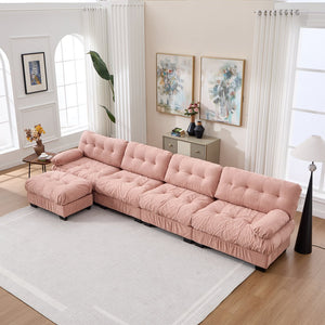 English Elm Modular Cloud Sofa Deep Seat Flannelette Sectional with Round Armrests for Living Room Pink W2120S00048