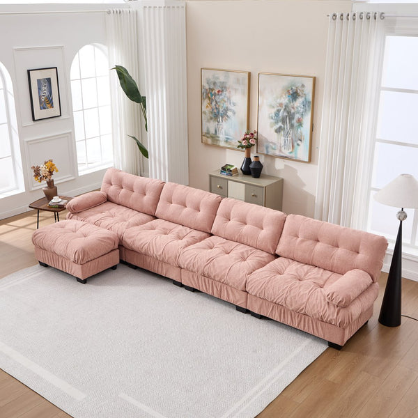 English Elm Modular Cloud Sofa Deep Seat Flannelette Sectional with Round Armrests for Living Room Pink W2120S00048