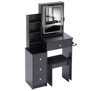 English Elm 29.2" Stylish Left Bedside Vanity Table Set With Led Mirror, Power Station & Cushioned Stool For Comfort W936P202471