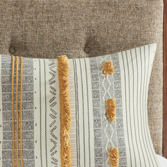 English Elm Full/Queen Cody 3 Piece Cotton Duvet Cover Set with Grey & Yellow Stripes, Pompoms, OEKO-TEX Safety B035129130