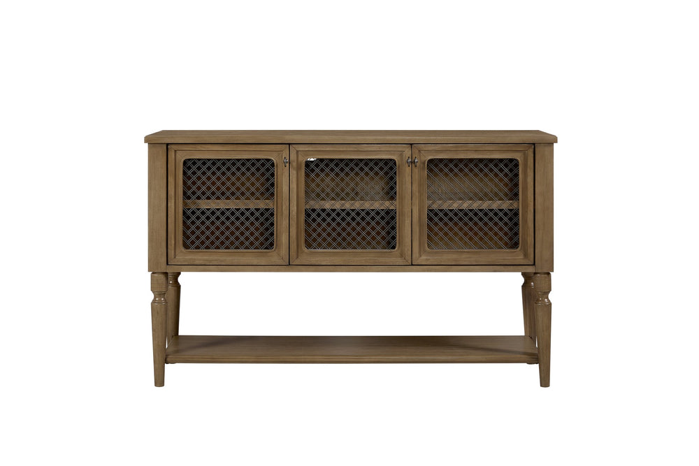 English Elm Sever Solid Wood Sideboard with Metal Mesh Doors, Open Shelf & Turned Legs for Stylish Storage Almond 65.5 L x 22.25 W x 26 H B2699P383829