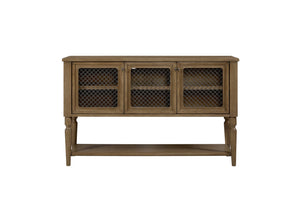 English Elm Sever Solid Wood Sideboard with Metal Mesh Doors, Open Shelf & Turned Legs for Stylish Storage Almond 65.5 L x 22.25 W x 26 H B2699P383829