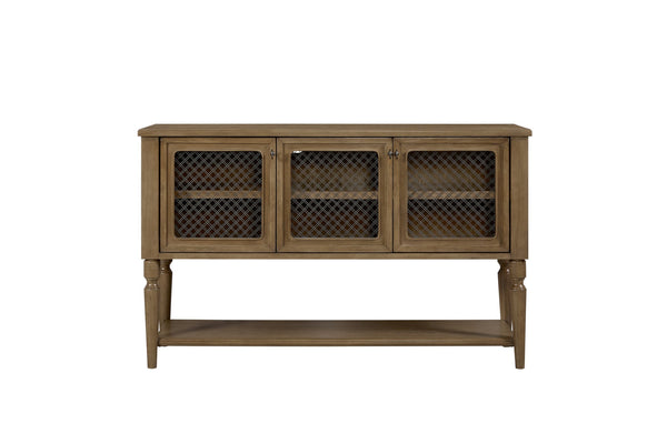 English Elm Sever Solid Wood Sideboard with Metal Mesh Doors, Open Shelf & Turned Legs for Stylish Storage Almond 65.5 L x 22.25 W x 26 H B2699P383829