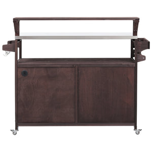 English Elm K&K 53.3" Outdoor Kitchen Island with 1.2" Stainless Top, Spacious Storage, Raised Shelf, Wheels Brown N707P250628Z