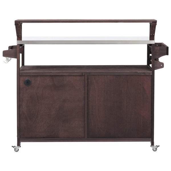 English Elm K&K 53.3" Outdoor Kitchen Island with 1.2" Stainless Top, Spacious Storage, Raised Shelf, Wheels Brown N707P250628Z