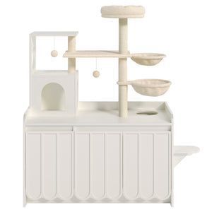 English Elm 50.6" Modern White Cat Tower with Litter Enclosure Sisal Posts Hammock and Perch N704P443505K