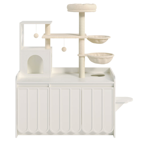 English Elm 50.6" Modern White Cat Tower with Litter Enclosure Sisal Posts Hammock and Perch N704P443505K