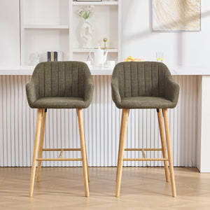 English Elm Modern Linen Upholstered Barstools with Oak Legs Armrests and Footrest for Kitchen Islands Green W395P396315