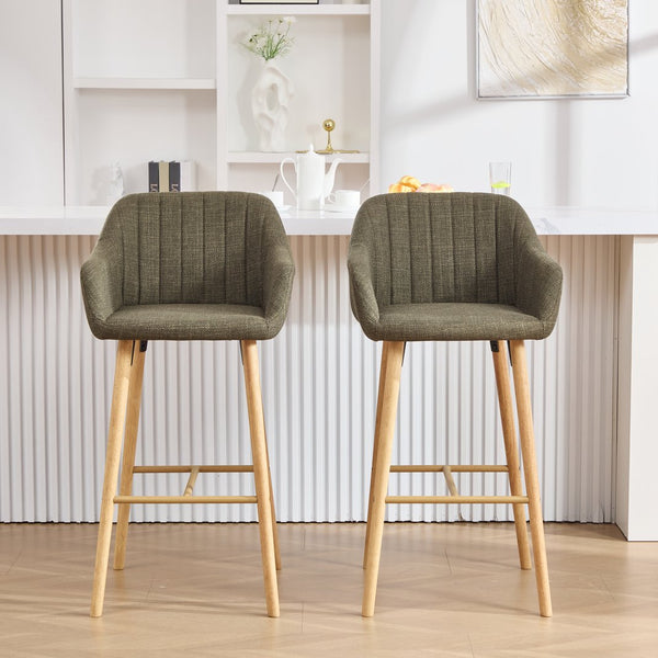 English Elm Modern Linen Upholstered Barstools with Oak Legs Armrests and Footrest for Kitchen Islands Green W395P396315