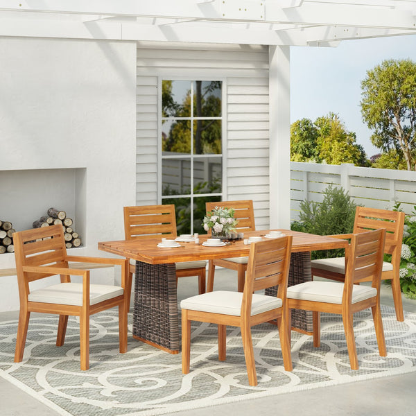English Elm Christopher Knight Home® - Outdoor 7-Piece Acacia Wood Dining Set With Handwoven Grey Wicker & Beige Cushions For Comfort N773OD00047G