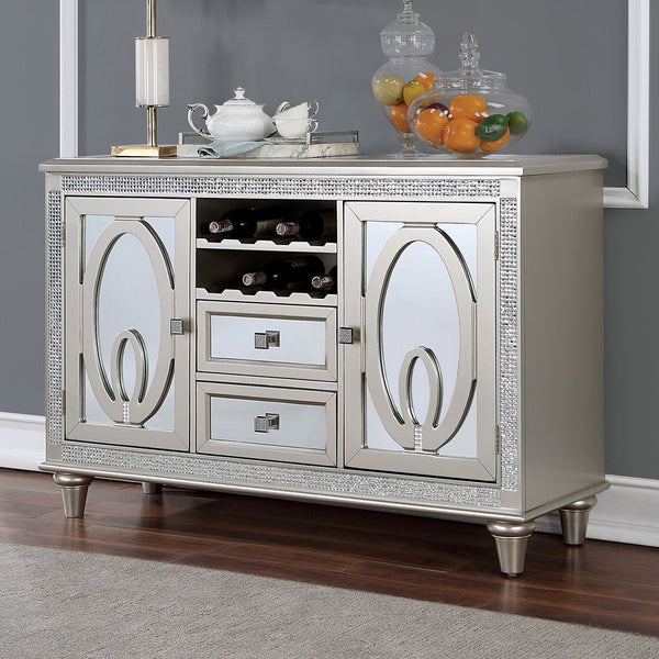 English Elm Contemporary Rustic Server with Solid Wood Accents, Molded Details and Functional Storage Drawers for Dining Room Furniture Silver 57 L x 21 W x 36 H B2741P309346