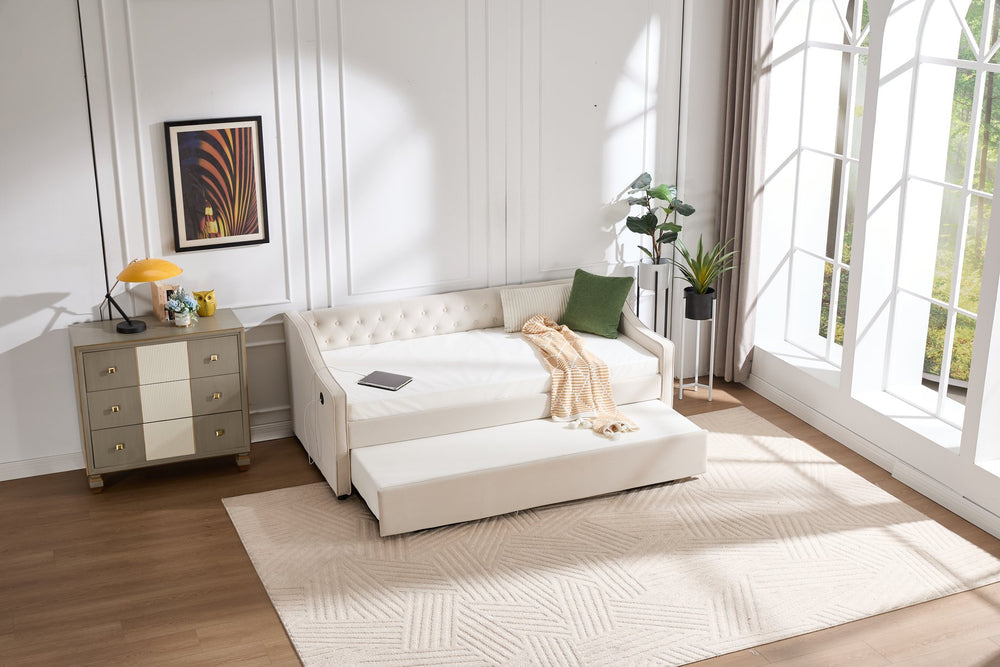 English Elm Twin Velvet Daybed with Pull Out Trundle Tufted Back Usb Port and Side Pockets Beige W1361S00035