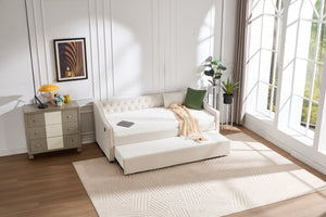 English Elm Twin Velvet Daybed with Pull Out Trundle Tufted Back Usb Port and Side Pockets Beige W1361S00035