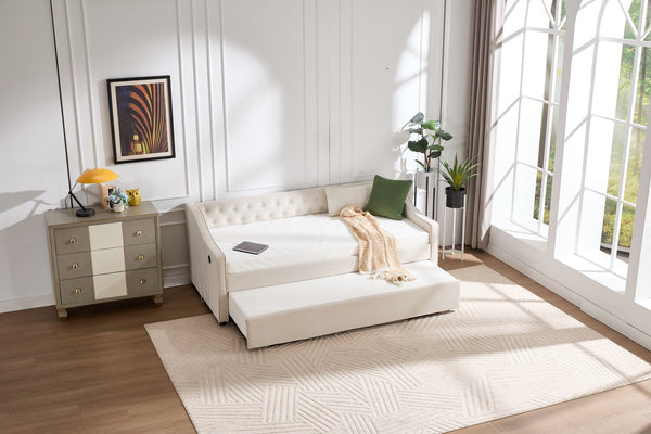 English Elm Twin Velvet Daybed with Pull Out Trundle Tufted Back Usb Port and Side Pockets Beige W1361S00035