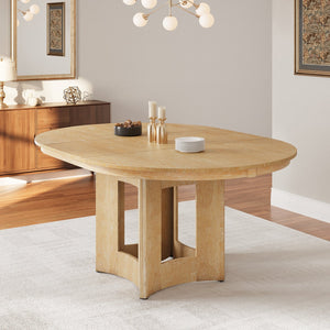 English Elm Topmax Farmhouse Round Pedestal Dining Table Extendable Leaf Rubberwood Compact Space Natural Wood N717P336673N