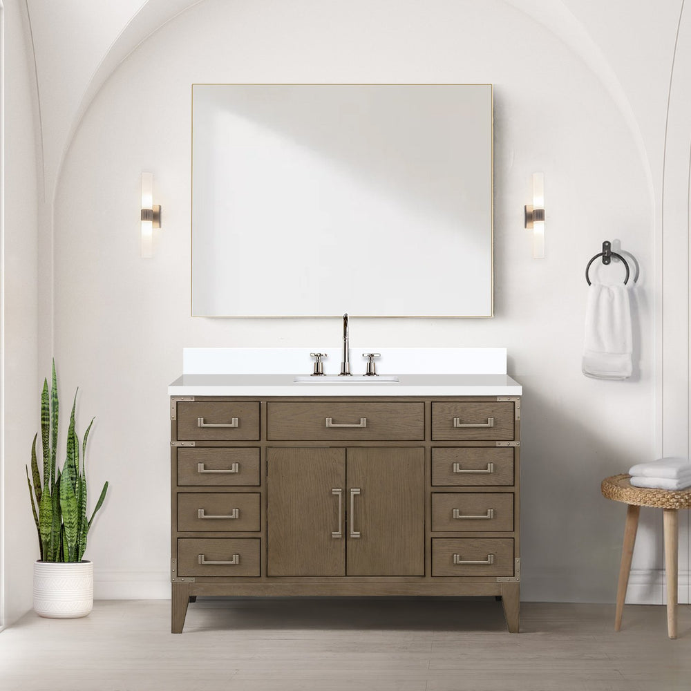 English Elm Grey Oak Single Bath Vanity With White Quartz Top - Elegant 48" W Storage & Soft-Close Drawers B2731P259816
