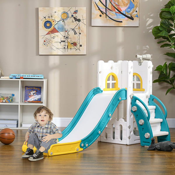English Elm Qaba Toddler Indoor Playset with Slide Climber Basketball Hoop Telescope Storage W2225P217348