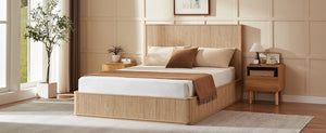 English Elm Natural Fluted Wood Platform Bed Minimalist Queen Frame with Tall Curved Headboard Oak W5219S00002