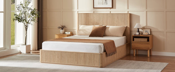 English Elm Natural Fluted Wood Platform Bed Minimalist Queen Frame with Tall Curved Headboard Oak W5219S00002