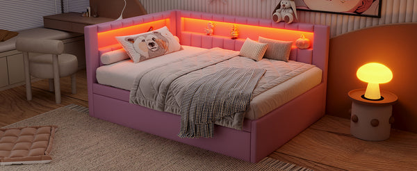 English Elm Upholstered Full Platform Bed with Trundle, Built-In USB Ports & LED Accent, Linen Upholstery Pink DL001925AAH