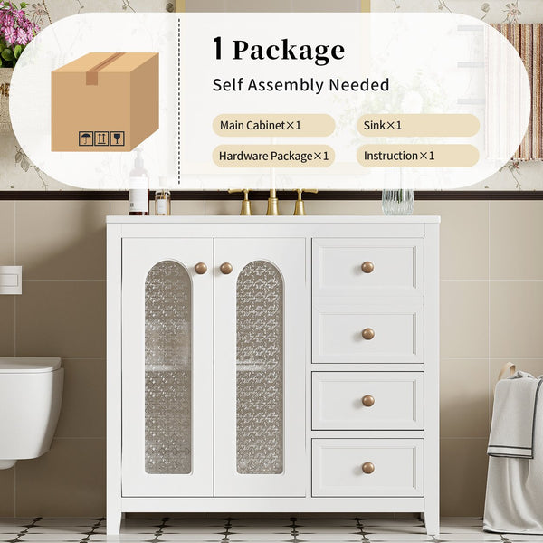 English Elm 36.02-inch white bathroom vanity with ceramic basin, gold round handles, soft-close doors & drawers N729P184710K