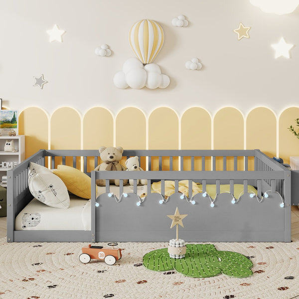 English Elm Full Montessori floor bed offering high rails, built-in light and shelf for safe independent sleep and storage Grey 79.13 L x 13 W x 6.3 H W2593P333796
