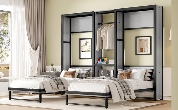 English Elm Twin Twin Murphy Bed with Metal Frame, Foldable 2-in-1 Space-Saving Design, Built-In Wardrobe, Shelves, Power Outlets and Durable Storage Solution Gray W1580S00148