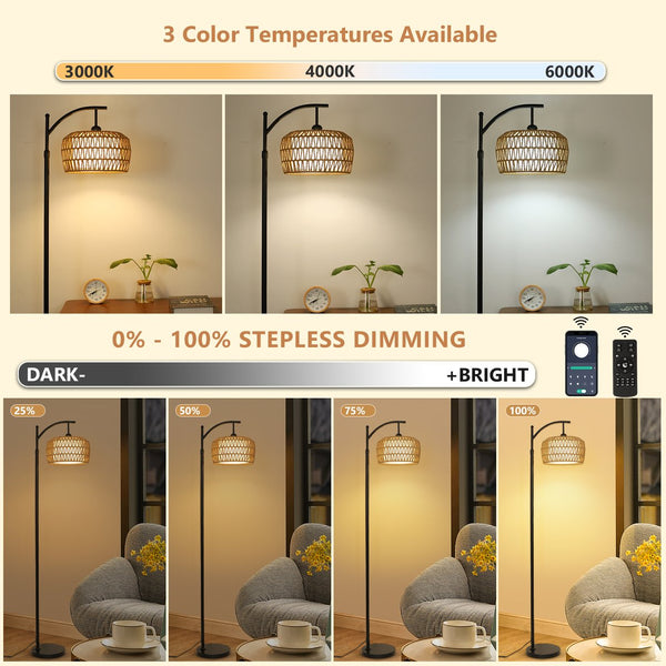 English Elm Arc Rattan Arc Floor Lamp with Remote & Smart LED, Dimmable 3-Color Timer, Adjustable 65–72.8" W2738P400694