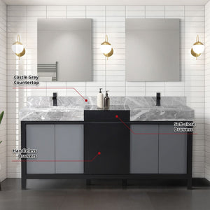 English Elm Black Double Bath Vanity 72" W With Castle Grey Marble Top, Matte Black Faucets & 28" Mirrors Set B2731S01158
