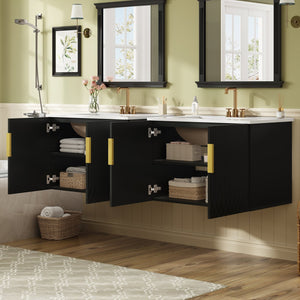 English Elm 60" Vintage Bathroom Vanity with Ceramic Sink Wall-Mount Modern Striped Design Durable MDF Wood Finish Black N710SS00010B