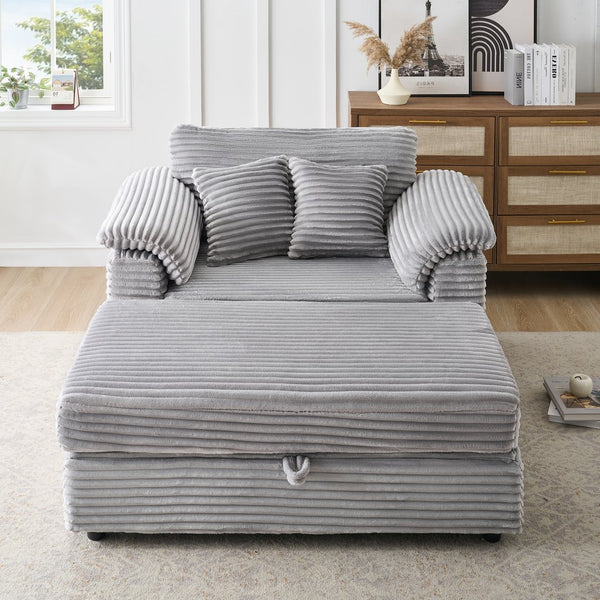 English Elm 47.24-inch corduroy armchair with storage ottoman and USB ports, spring seat, solid wood frame lounge Gray W3356S00021