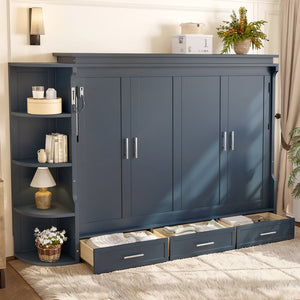 English Elm Full Size Murphy Wall Bed with Side Cabinets Three Drawers and Shelving for Small Spaces Blue W1580S00451