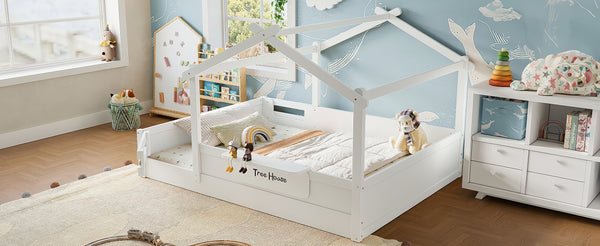 English Elm Queen House Shaped Kids Floor Bed Pine Wood Frame with Guardrails and Personalized Headboard Light White W1580P396334