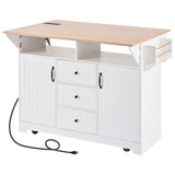 English Elm K&K 55.7'' Large Kitchen Island With 2 Drop Leaf,, Rolling Kitchen Cart On 5 Wheels With Power Outlet, Folding Storage Dining Table With Spice & Towel Rack , 3 Drawers, For Kitchen, Dining Room,White