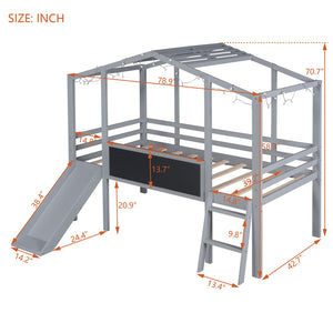 English Elm Twin House Loft Bed with Slide Chalkboard Panel and Led Roofline for Kids Gray WF324323AAE