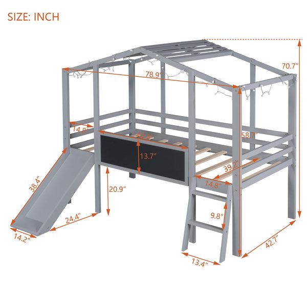 English Elm Twin House Loft Bed with Slide Chalkboard Panel and Led Roofline for Kids Gray WF324323AAE