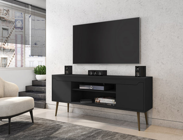 English Elm Bradley 63" Black Mid-Century Modern Tv Stand With Ample Storage, Cable Management & Stylish Design B365P398402