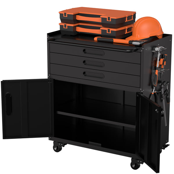 English Elm 34.3" Rolling Steel Tool Cabinet with 3 Drawers Lockable Doors and Pegboard Side Panels T2398P442672