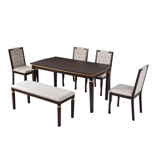 English Elm 6-Piece Kitchen Dining Set with 60" Rectangular Table, Tufted High-Back Chairs & Bench, Durable Wood Espresso N752S001080P