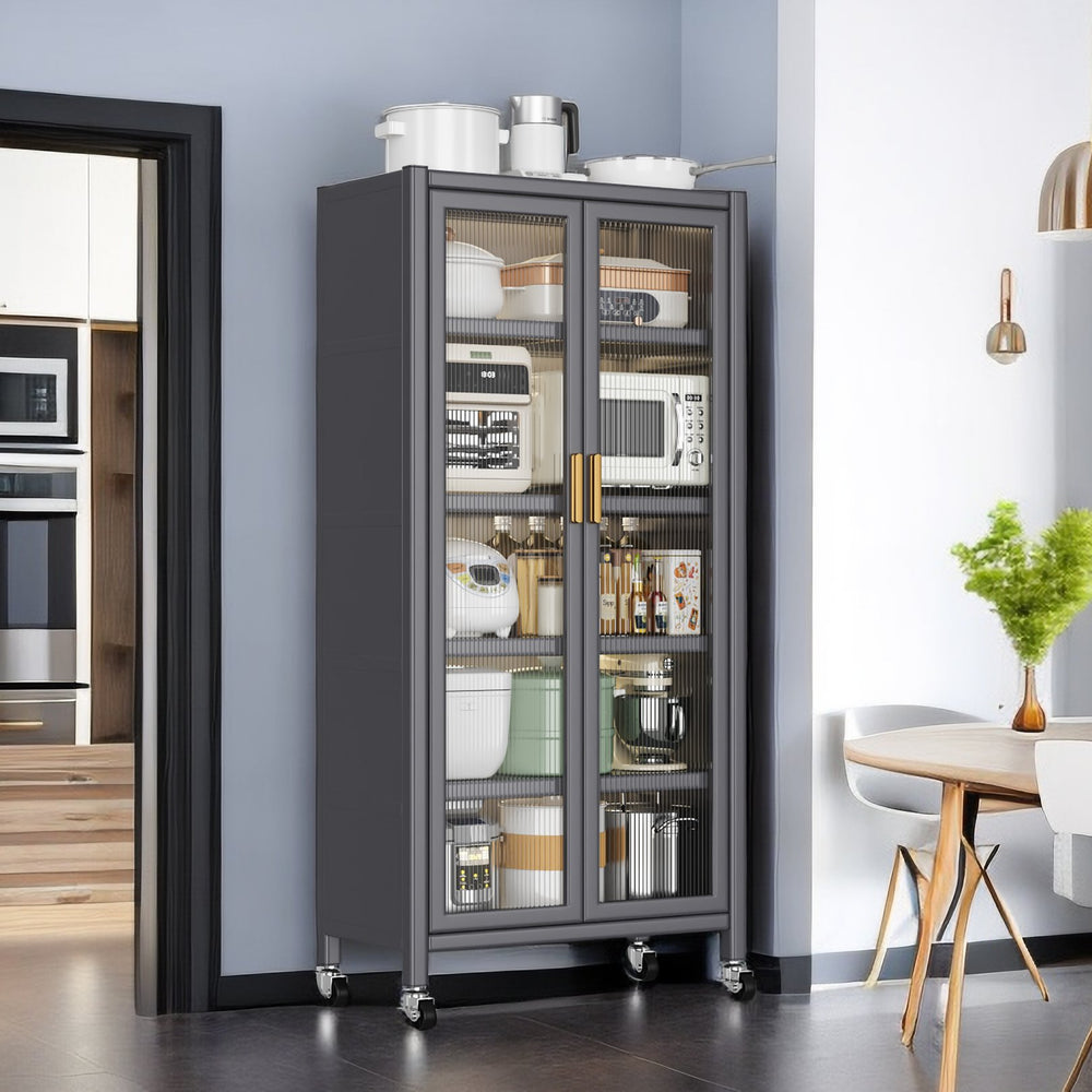 English Elm Open-door Vertical Kitchen Storage Cabinet with Microwave Shelf, Bakers Rack, 250KG Capacity Wheels Grey W509P164655
