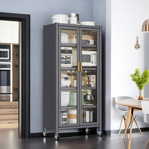 English Elm Open-door Vertical Kitchen Storage Cabinet with Microwave Shelf, Bakers Rack, 250KG Capacity Wheels Grey W509P164655