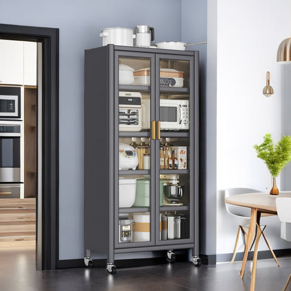 English Elm Open-door Vertical Kitchen Storage Cabinet with Microwave Shelf, Bakers Rack, 250KG Capacity Wheels Grey W509P164655